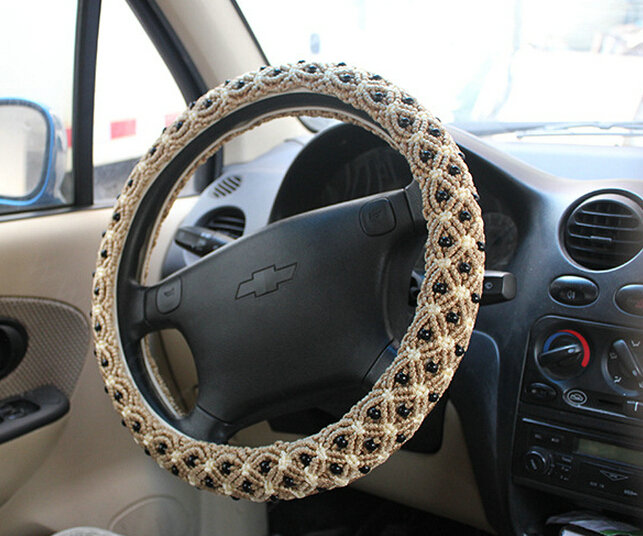 Colorful Beaded Car Steering Wheel Wrap Ice Silk 15 Inch 38CM - Gold