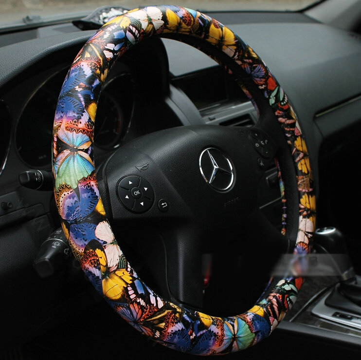 Colorful Butterfly Auto Steering Wheel Wrap PU Leather 15 Inch 38CM - Blue