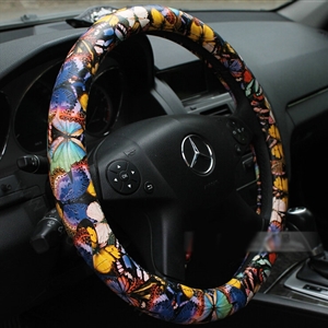 Colorful Butterfly Auto Steering Wheel Wrap PU Leather 15 Inch 38CM - Blue