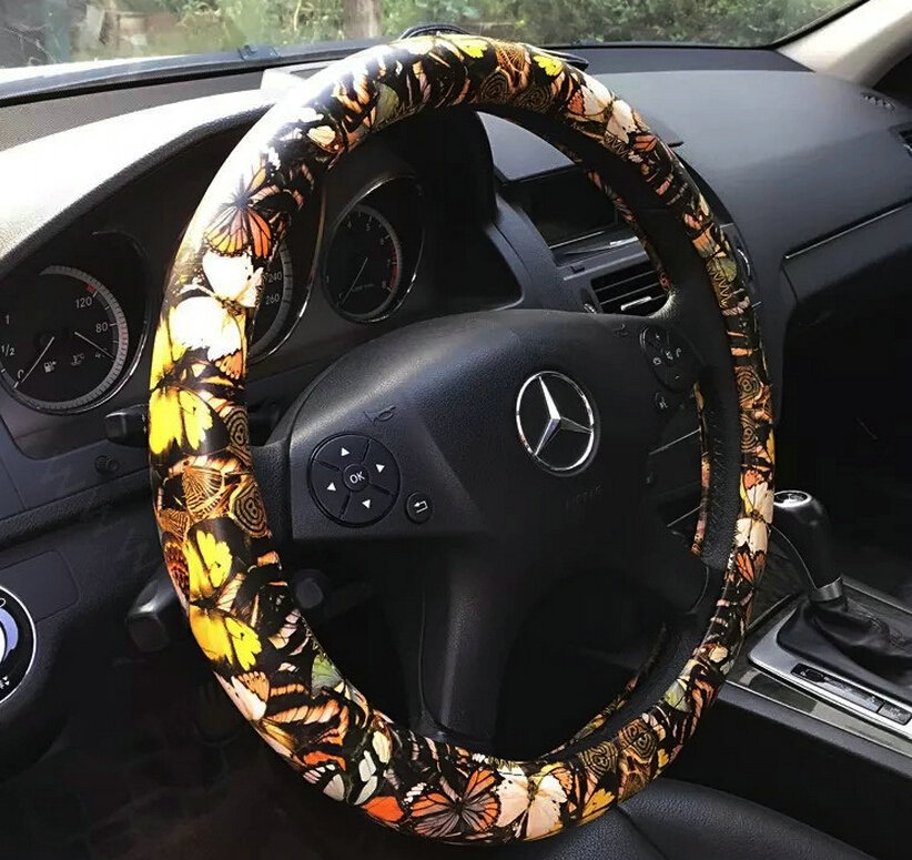 Colorful Butterfly Auto Steering Wheel Wrap PU Leather 15 Inch 38CM - Yellow