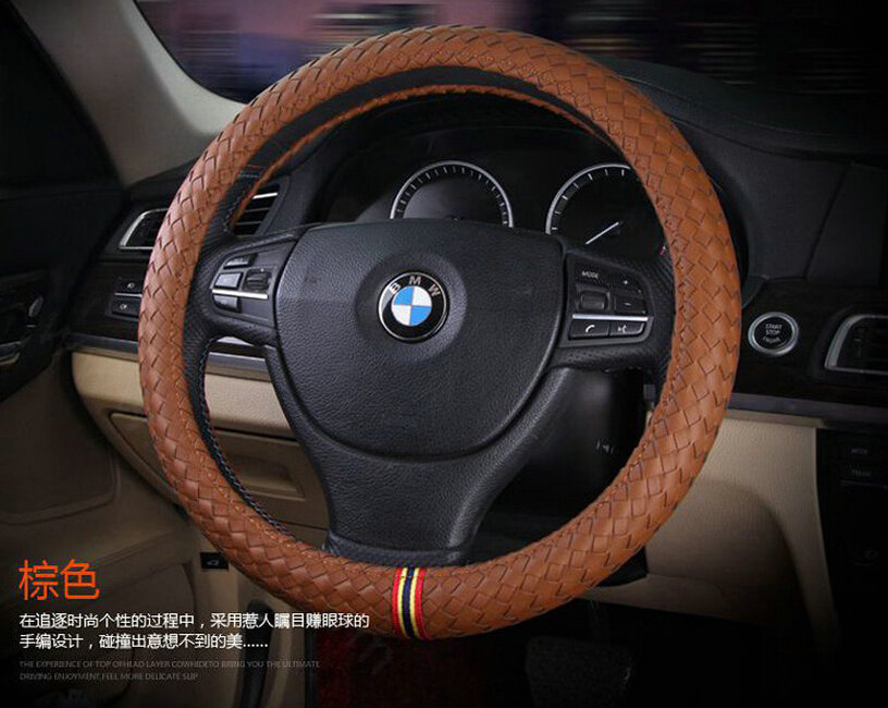 Colorful Car Steering Wheel Covers Sheepskin Leather 15 Inch 38CM - Brown