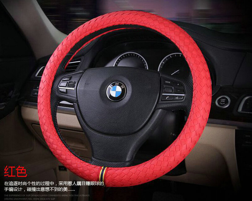Colorful Car Steering Wheel Covers Sheepskin Leather 15 Inch 38CM - Red