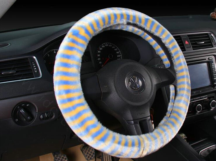 Colorful Zebra Print Car Steering Wheel Wrap Velvet 15 Inch 38CM - Beige Blue