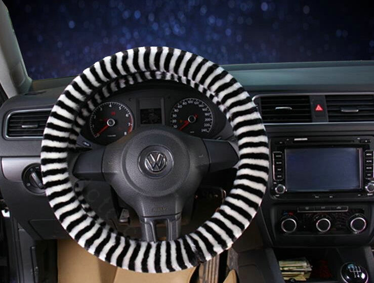 Colorful Zebra Print Car Steering Wheel Wrap Velvet 15 Inch 38CM - White Black