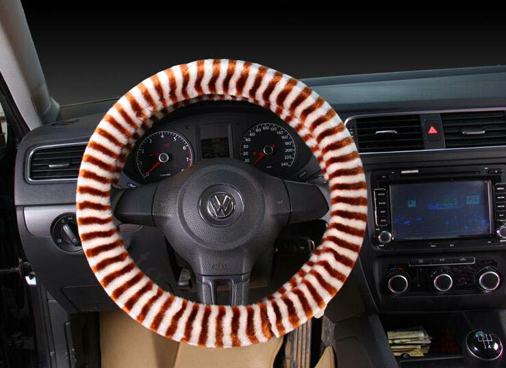 Colorful Zebra Print Car Steering Wheel Wrap Velvet 15 Inch 38CM - White Brown