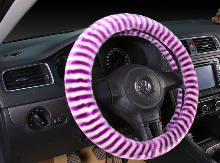 Colorful Zebra Print Car Steering Wheel Wrap Velvet 15 Inch 38CM - White Purple