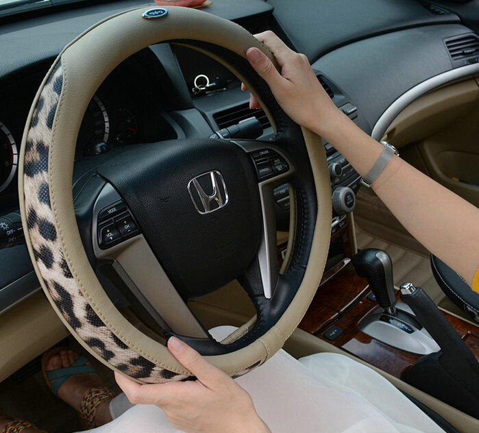 Cool Auto Steering Wheel Wrap Snake Print Genuine Leather 15 Inch 38CM - Beige