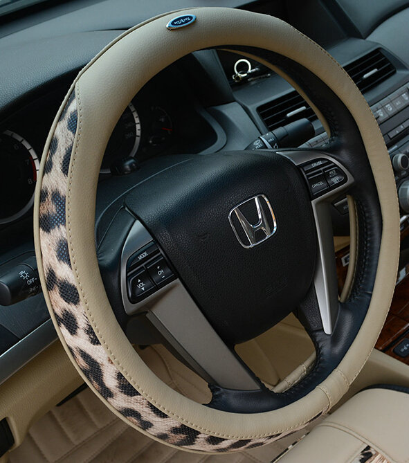 Cool Auto Steering Wheel Wrap Snake Print Genuine Leather 15 Inch 38CM - Beige