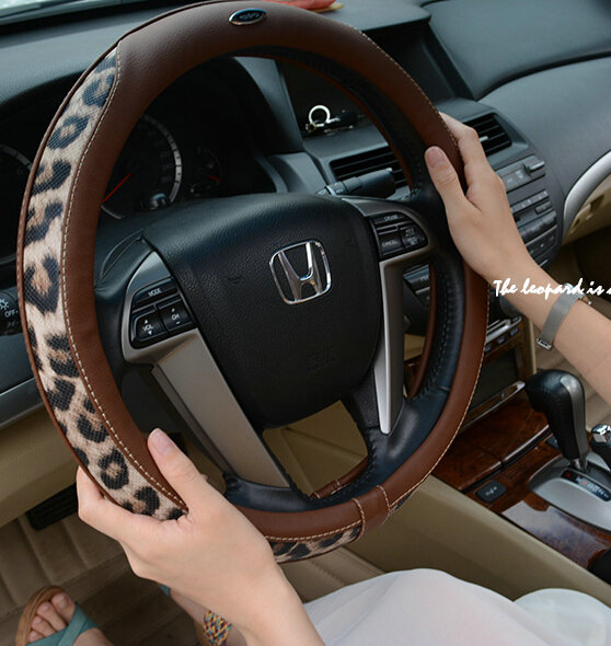 Cool Auto Steering Wheel Wrap Snake Print Genuine Leather 15 Inch 38CM - Brown