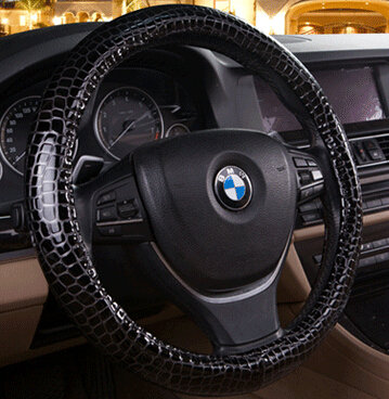 Cool Auto Steering Wheel Wrap Snake Print PU Leather 15 Inch 38CM - Black