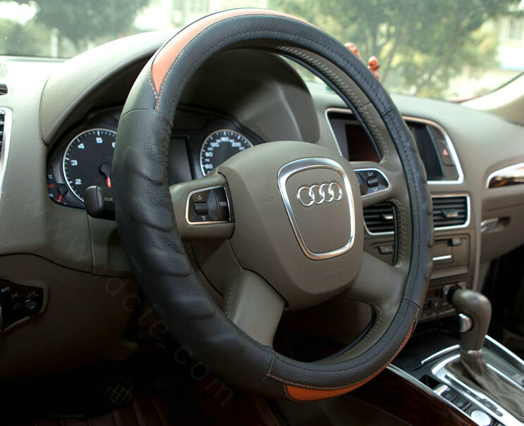 Cooling Auto Steering Wheel Wrap Cow Leather 15 Inch 38CM - Black