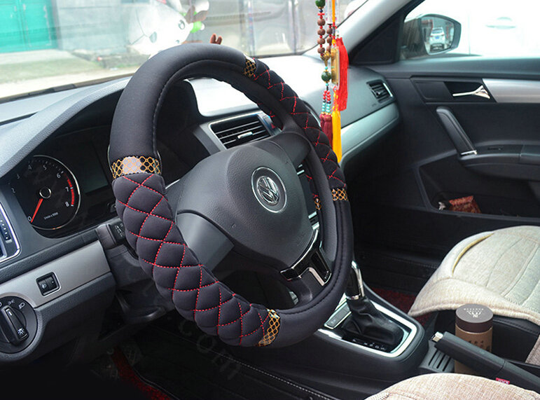 Cooling Car Steering Wheel Covers Milk Silk Fiber Cloth 15 Inch 38CM - Black