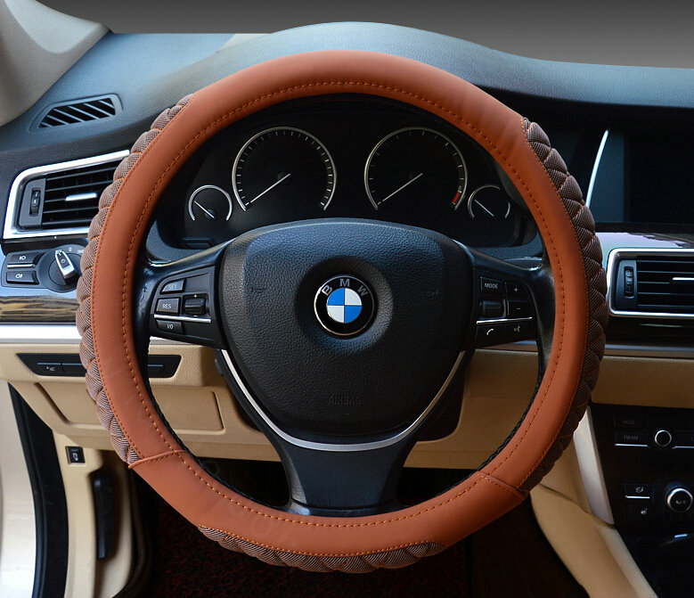 Cooling Car Steering Wheel Wrap Ice Silk PU Leather 15 Inch 38CM - Brown