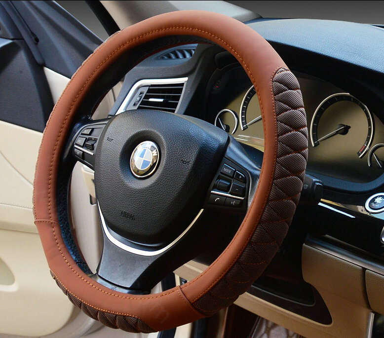 Cooling Car Steering Wheel Wrap Ice Silk PU Leather 15 Inch 38CM - Brown