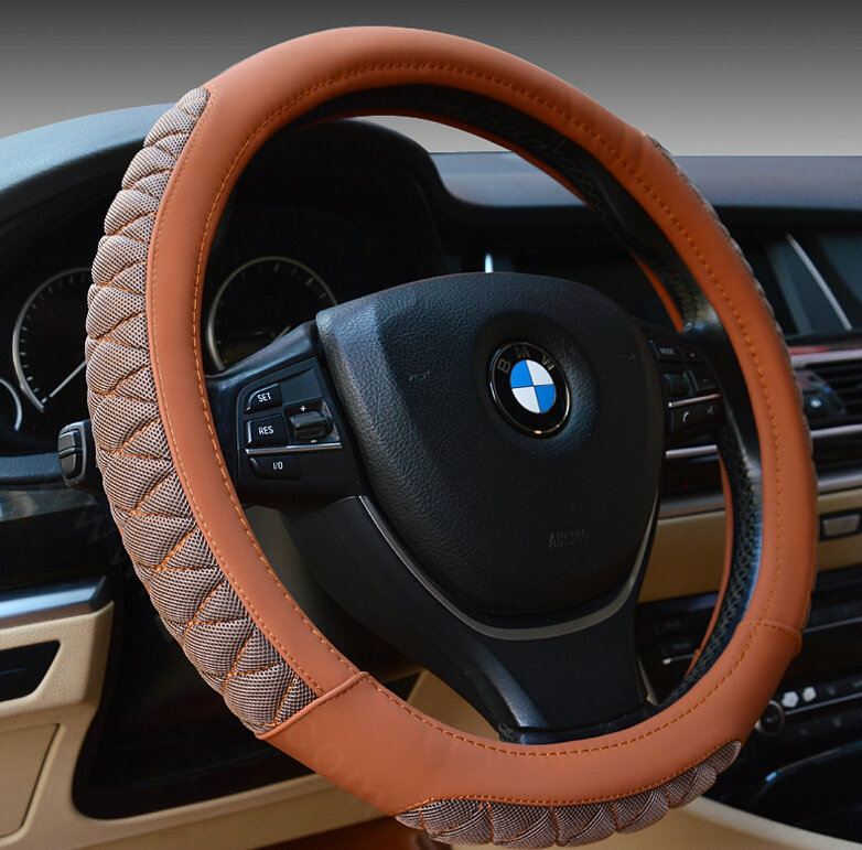 Cooling Car Steering Wheel Wrap Ice Silk PU Leather 15 Inch 38CM - Brown