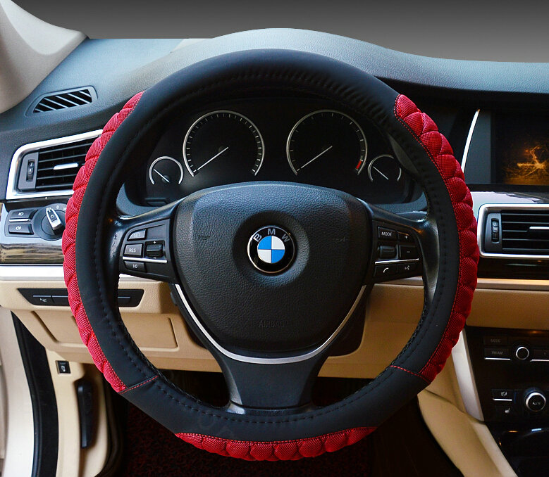 Cooling Car Steering Wheel Wrap Ice Silk PU Leather 15 Inch 38CM - Red