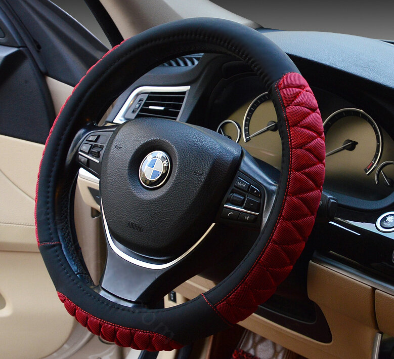 Cooling Car Steering Wheel Wrap Ice Silk PU Leather 15 Inch 38CM - Red