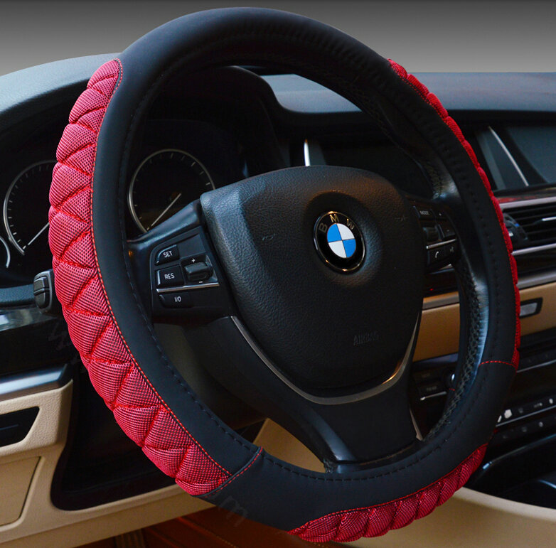 Cooling Car Steering Wheel Wrap Ice Silk PU Leather 15 Inch 38CM - Red