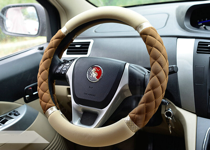 Cooling Car Steering Wheel Wrap Milk Silk Fiber Cloth 15 Inch 38CM - Beige Brown