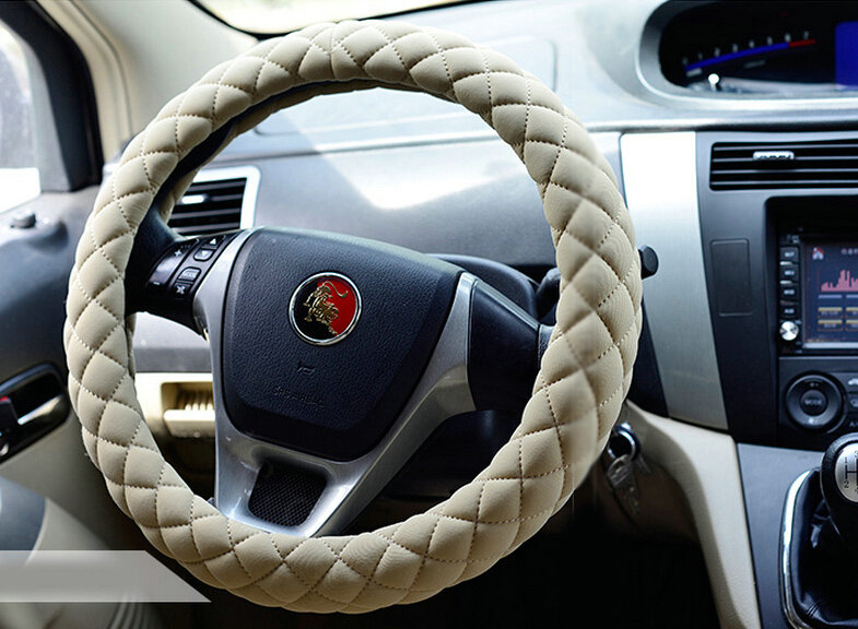 Cooling Car Steering Wheel Wrap Milk Silk Fiber Cloth 15 Inch 38CM - Beige