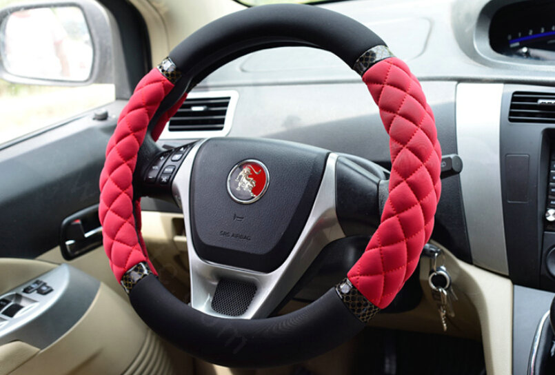 Cooling Car Steering Wheel Wrap Milk Silk Fiber Cloth 15 Inch 38CM - Black Red