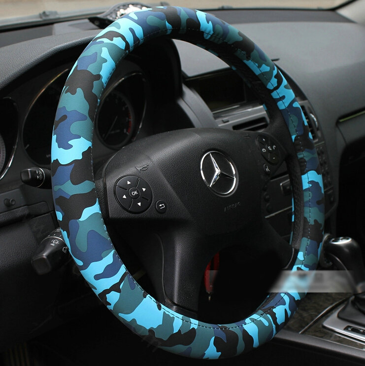 Cute Camo Auto Steering Wheel Wrap PU Leather 15 Inch 38CM - Blue