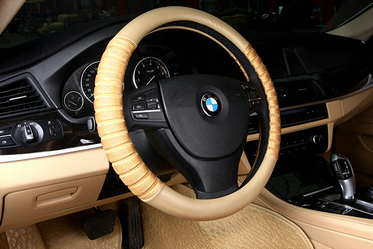 Discount Car Steering Wheel Covers Ice Silk PU Leather 15 Inch 38CM - Beige