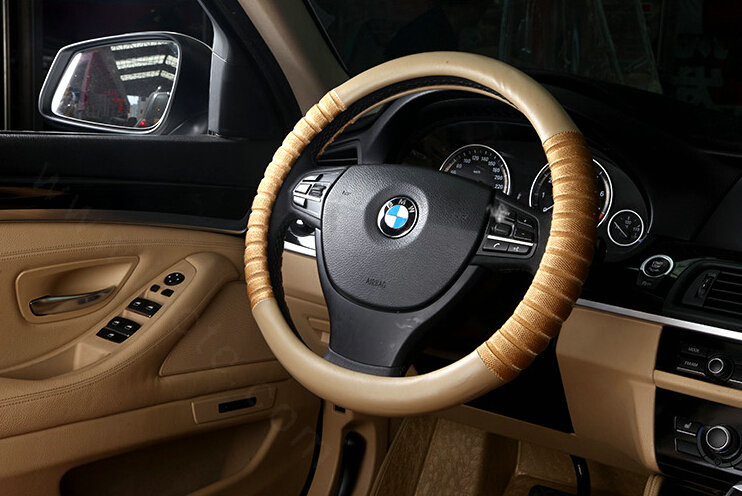 Discount Car Steering Wheel Covers Ice Silk PU Leather 15 Inch 38CM - Beige