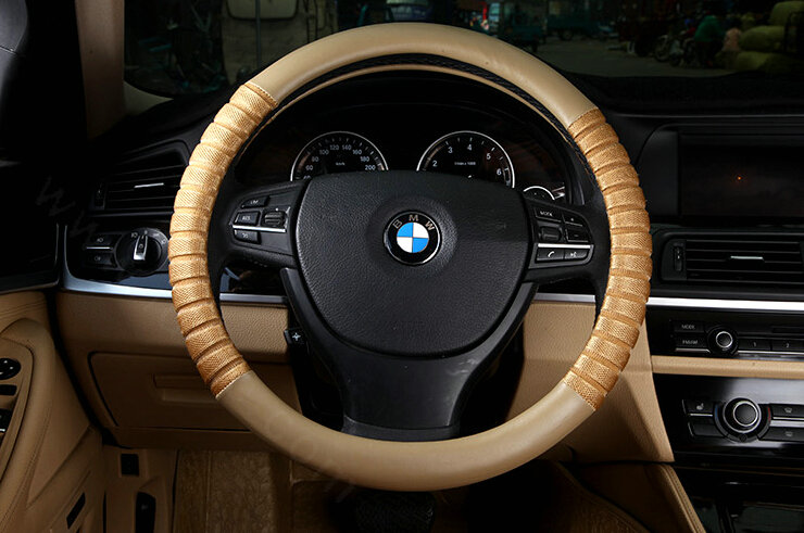 Discount Car Steering Wheel Covers Ice Silk PU Leather 15 Inch 38CM - Beige