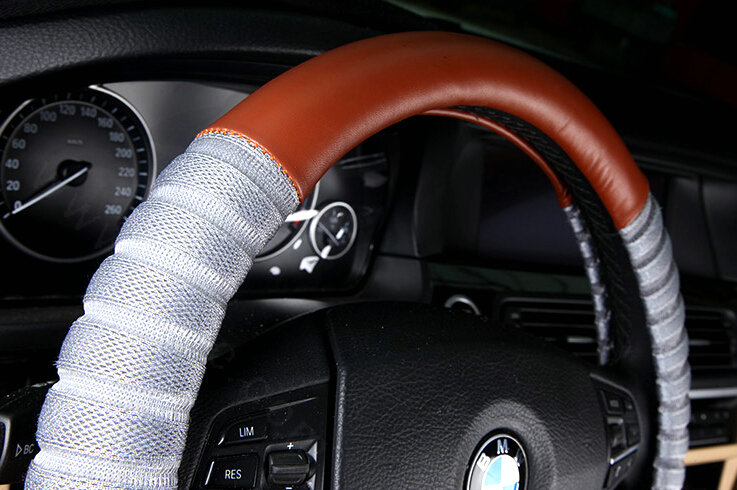 Discount Car Steering Wheel Covers Ice Silk PU Leather 15 Inch 38CM - Beige