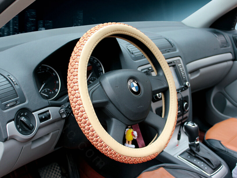 Discount Car Steering Wheel Wrap Ice Silk PU Leather 15 Inch 38CM - Beige Brown
