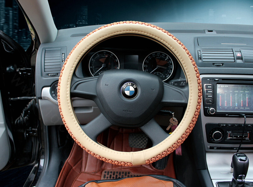 Discount Car Steering Wheel Wrap Ice Silk PU Leather 15 Inch 38CM - Beige Brown