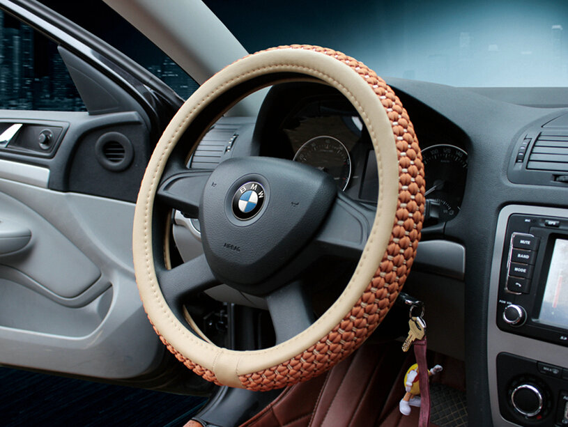 Discount Car Steering Wheel Wrap Ice Silk PU Leather 15 Inch 38CM - Beige Brown