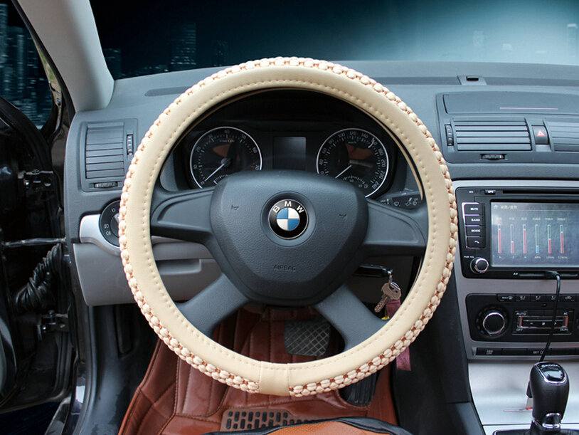 Discount Car Steering Wheel Wrap Ice Silk PU Leather 15 Inch 38CM - Beige