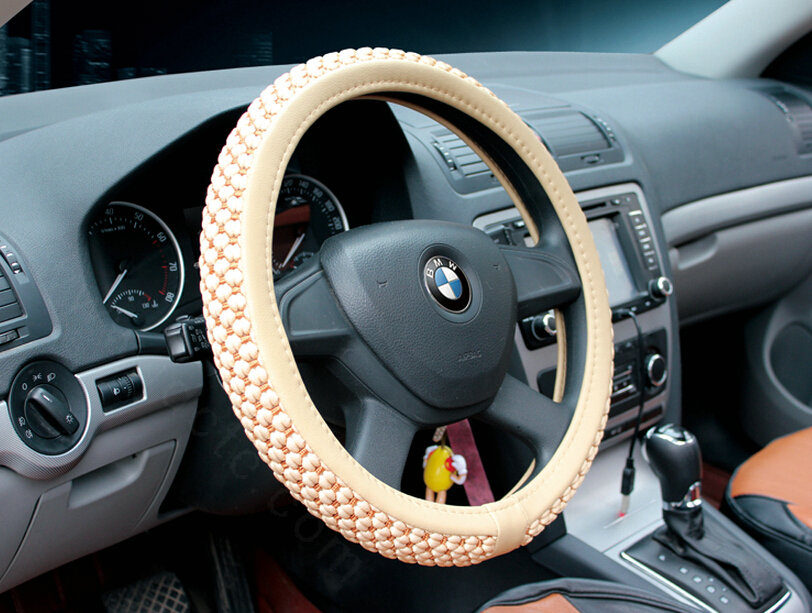 Discount Car Steering Wheel Wrap Ice Silk PU Leather 15 Inch 38CM - Beige
