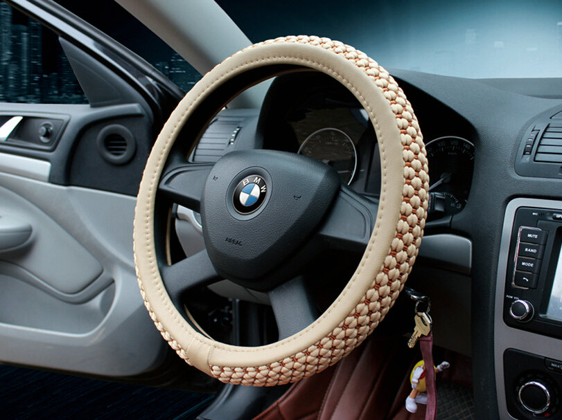 Discount Car Steering Wheel Wrap Ice Silk PU Leather 15 Inch 38CM - Beige