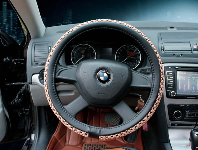 Discount Car Steering Wheel Wrap Ice Silk PU Leather 15 Inch 38CM - Black Coffee