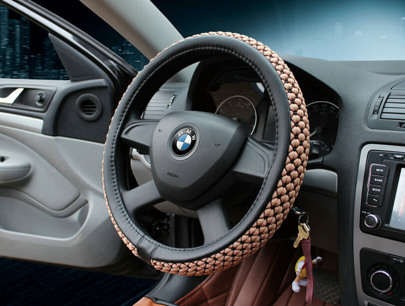 Discount Car Steering Wheel Wrap Ice Silk PU Leather 15 Inch 38CM - Black Coffee