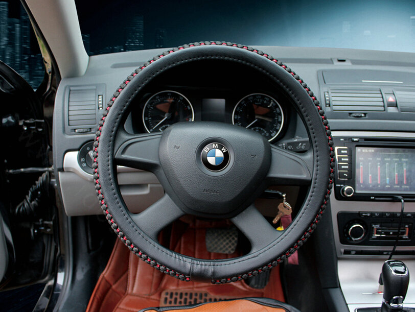 Discount Car Steering Wheel Wrap Ice Silk PU Leather 15 Inch 38CM - Black