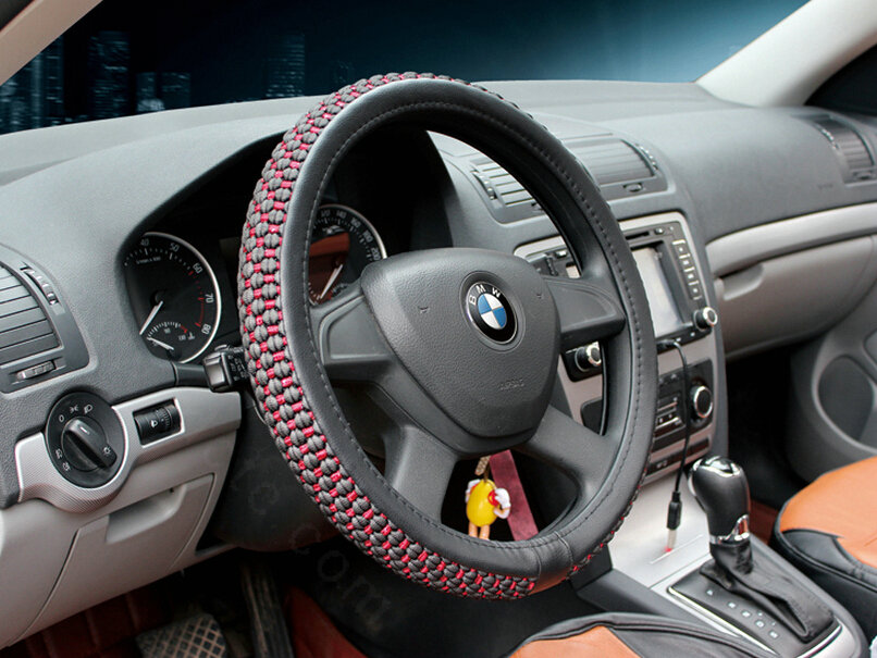 Discount Car Steering Wheel Wrap Ice Silk PU Leather 15 Inch 38CM - Black