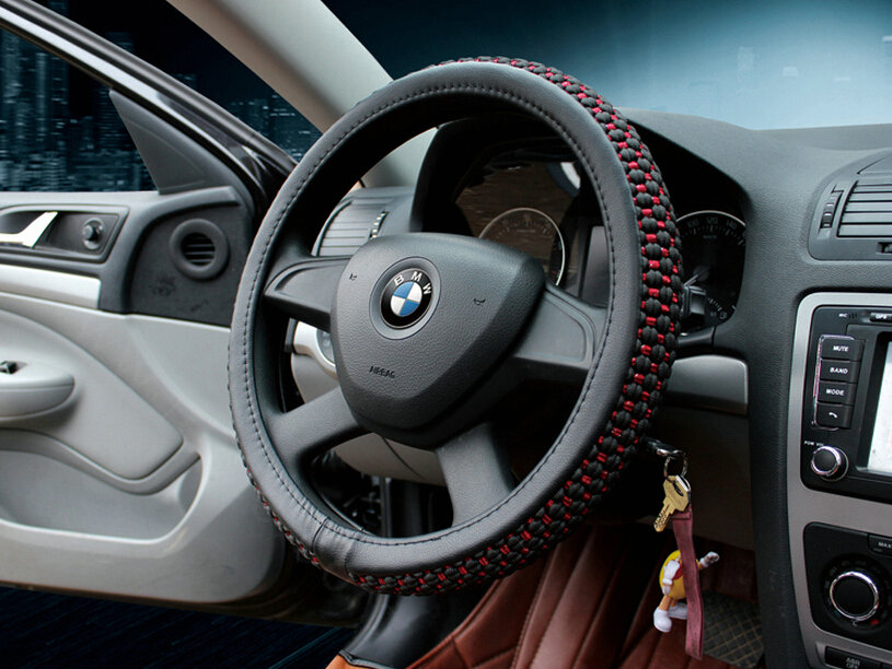 Discount Car Steering Wheel Wrap Ice Silk PU Leather 15 Inch 38CM - Black