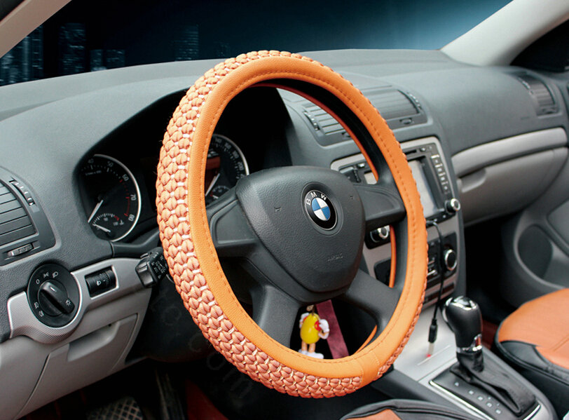 Discount Car Steering Wheel Wrap Ice Silk PU Leather 15 Inch 38CM - Brown