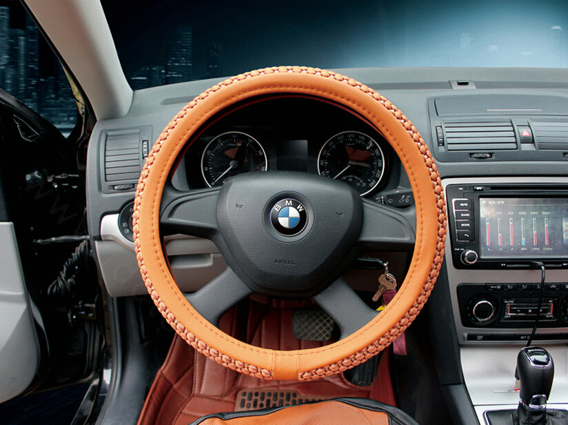 Discount Car Steering Wheel Wrap Ice Silk PU Leather 15 Inch 38CM - Brown