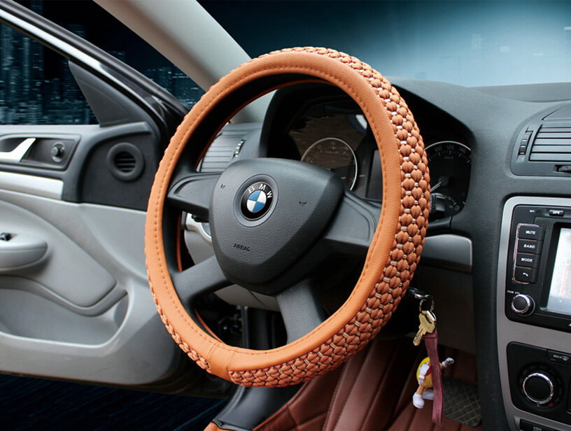 Discount Car Steering Wheel Wrap Ice Silk PU Leather 15 Inch 38CM - Brown