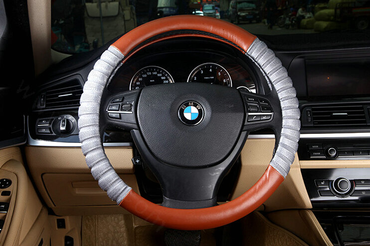Discount Car Steering Wheel Wrap Ice Silk PU Leather 15 Inch 38CM - Orange