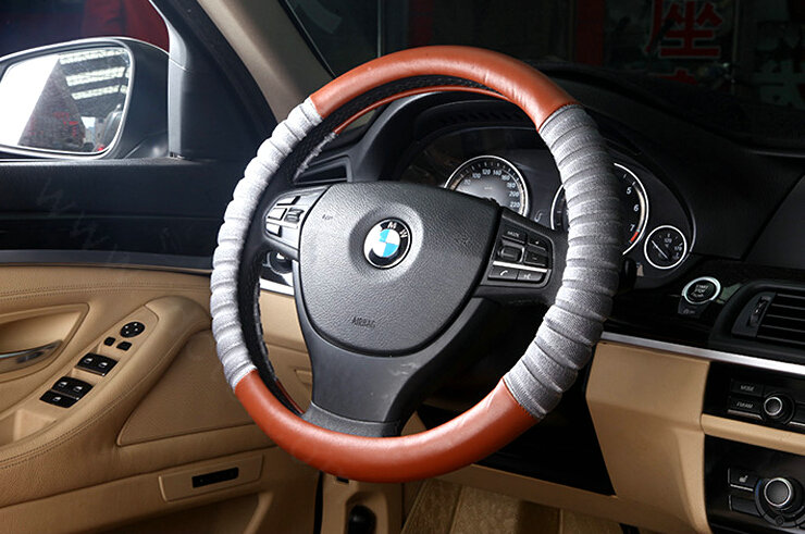 Discount Car Steering Wheel Wrap Ice Silk PU Leather 15 Inch 38CM - Orange