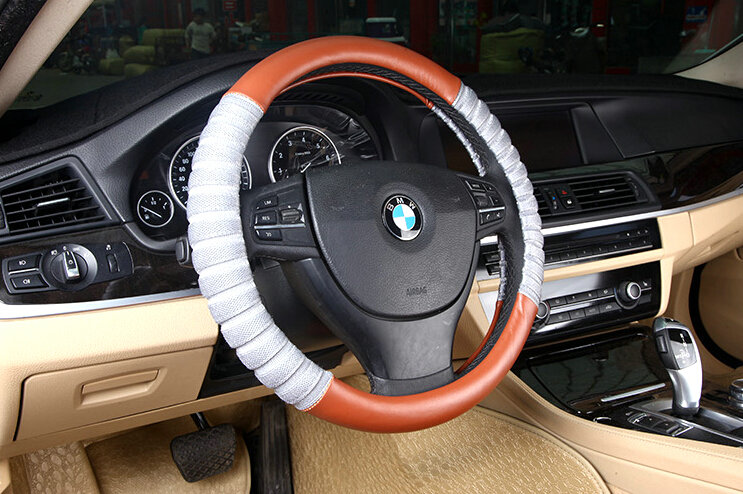 Discount Car Steering Wheel Wrap Ice Silk PU Leather 15 Inch 38CM - Orange