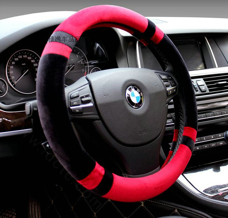 Discount Car Steering Wheel Wrap Velvet 15 Inch 38CM - Black Dark Red