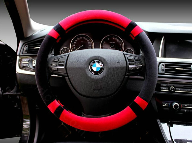 Discount Car Steering Wheel Wrap Velvet 15 Inch 38CM - Black Red