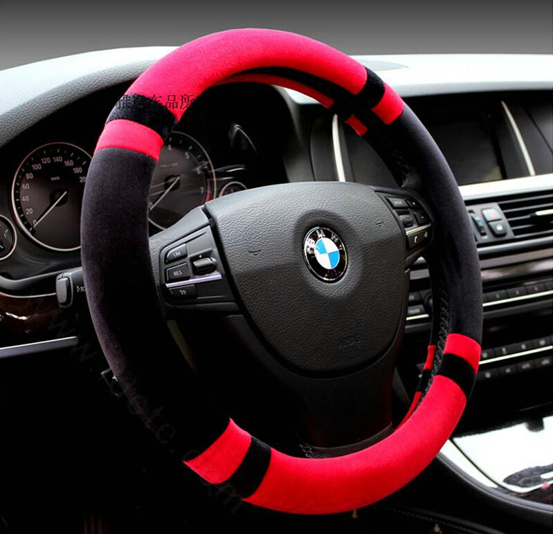 Discount Car Steering Wheel Wrap Velvet 15 Inch 38CM - Black Red